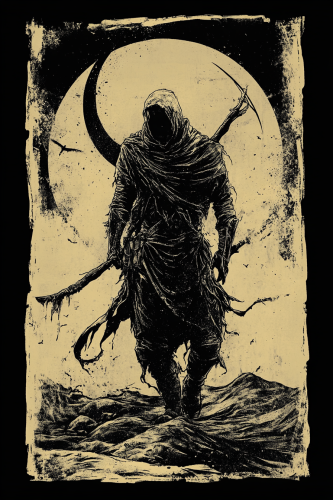 Surreal warrior in lino print style illustration