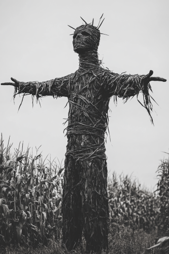 Surrealistic horror movie with stick man in corn field.