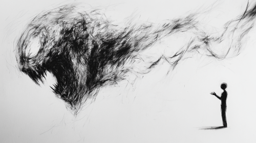 Surrendering figure faces terrifying, abstract, monstrous entity helplessly.