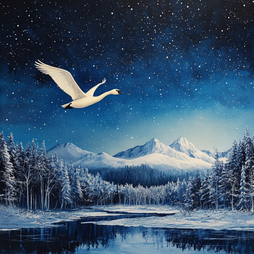 Swan flying under starry night over snowy forest