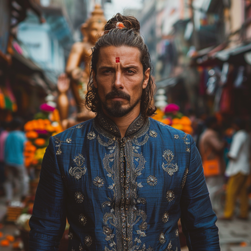 Swedish football player in traditional Indian attire at festival.