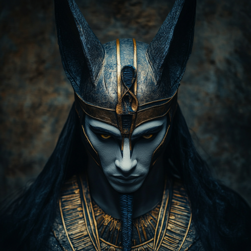 Symmetrical Godly Anubis in Pharaoh Helmet on Dark Background