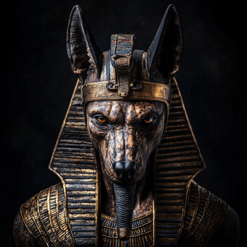 Symmetrical realistic photo of Anubis with Pharaoh helmet