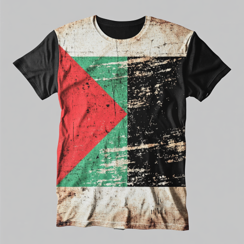 T-shirt design with large red triangle, green and black.