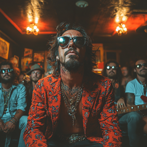 TV studio with 11 band members chatting and laughing.