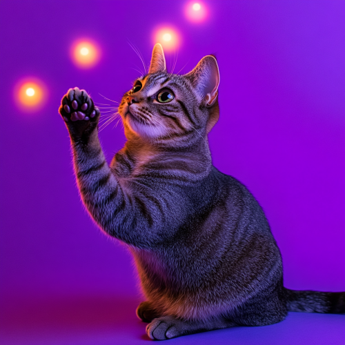 Tabby Cat Reaching for Object on Purple Background