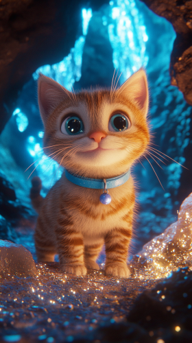 Tabby cat explores magical ice cave with crystals