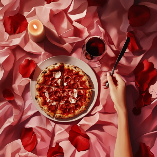 Table with pizza, wine glass, candle, colorful decor.