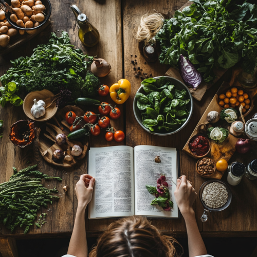 Table with recipe book, woman cooking vegetables, plum color.