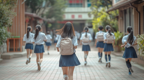 Taiwanese high school courtyard students running and playing