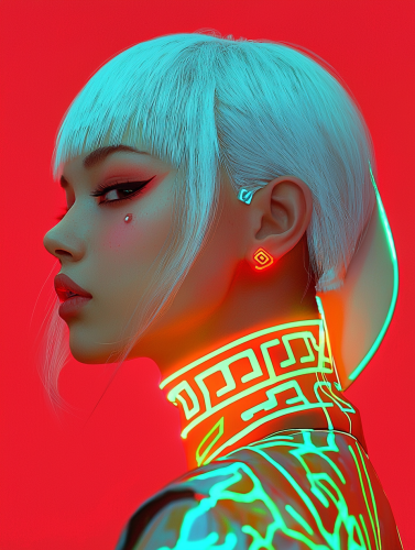 Talking in futuristic club with stylish cybernetic features