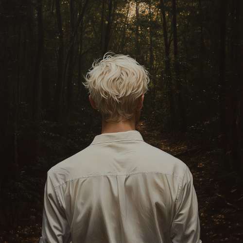 Tall, thin man with white hair in forest.
