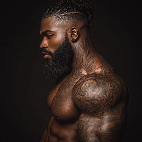Tall black man with sharp haircut, tattoos, muscular body.