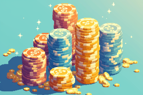 Tall stacks of colorful poker chips in pixel art