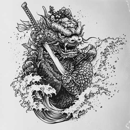 Tattoo sketch of old Japanese samurai yokai