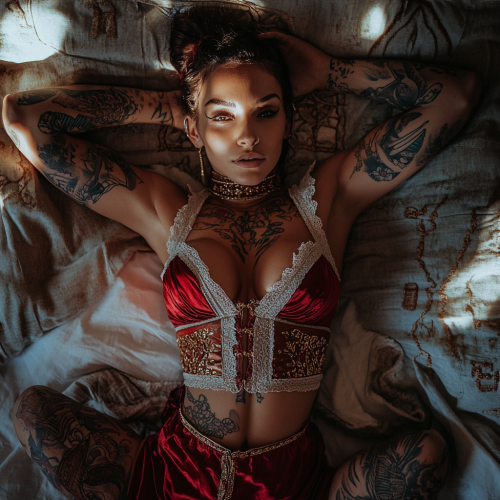 Tattooed Magician Woman Performs Magic in Hellenic Attire