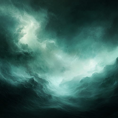 Teal and Dark Green Fantasy Landscape in Fog