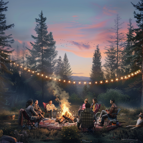 Team Gathered around Twilight Bonfire in Forest