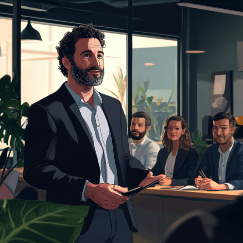 Team leader training new analysts in sleek office