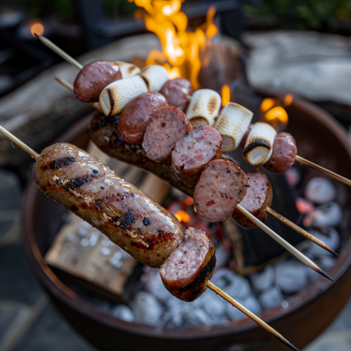 Sausages and marshmallows by bonfire