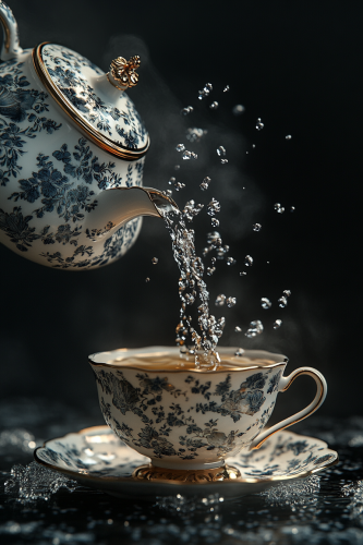Teapot pouring tea into cup on dark background