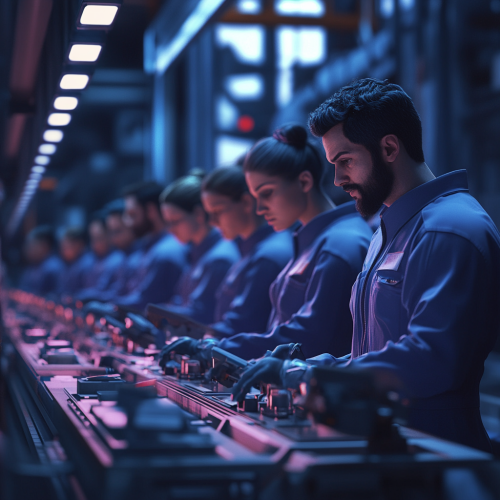 Technician adjusts settings while diverse people on conveyor