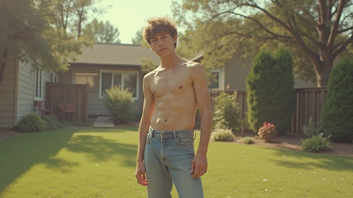 Teen Boy Doing Yard Work in 1980s Suburb