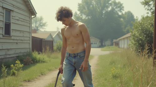 Teen Doing Yard Work in 80s Suburb