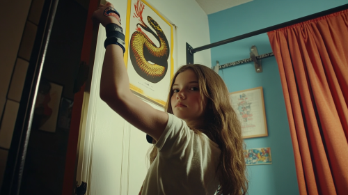 Teen Girl Hits Snake Poster with Gymnastics Grips Teen Girl Hits Snake Poster with Gymnastics Grips