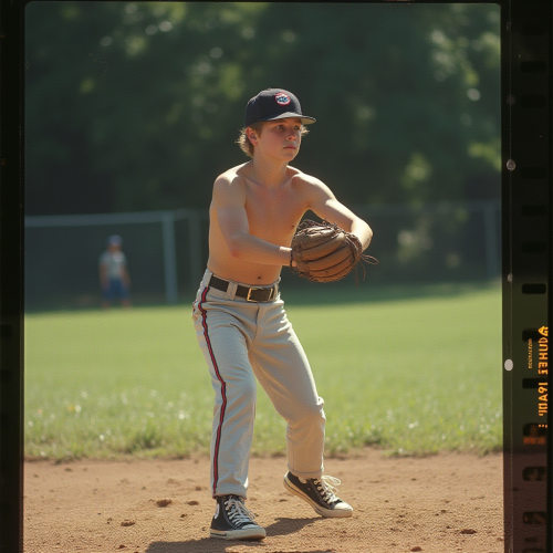 Teen Playing Baseball in 1980s Suburb Summer