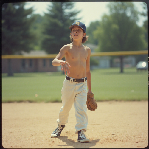 Teen Playing Baseball in 1980s Suburb Summer