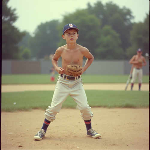 Teen Playing Baseball in 1980s Suburb