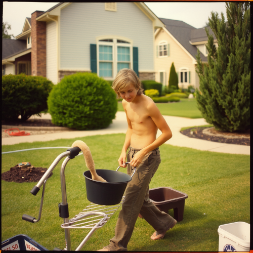 Teen Working in a 1980s Suburban Summer Yard