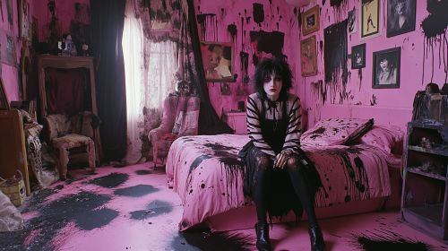 Teenage Lydia in goth clothes in pink room