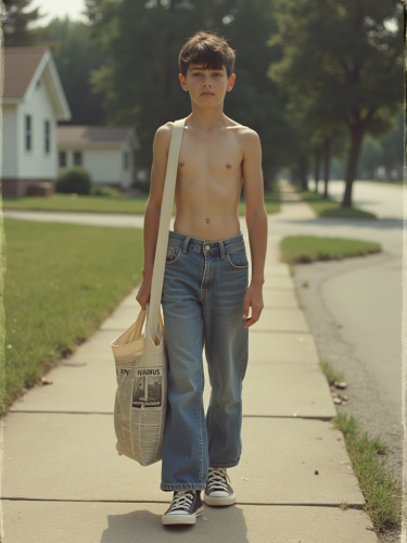 Teenage Paperboy in 1980s Summer Suburb