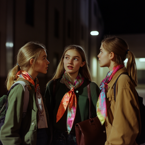 Teenage girls chat outside school in evening