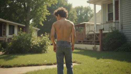 Teenager Doing Yard Work in 1980s Suburb Photo