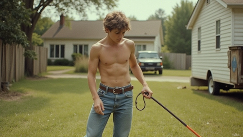 Teenager Doing Yard Work in 1980s Suburb