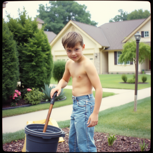 Teenager Doing Yard Work in 1980s Suburb