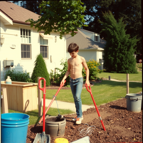 Teenager Doing Yard Work in 1980s Suburb