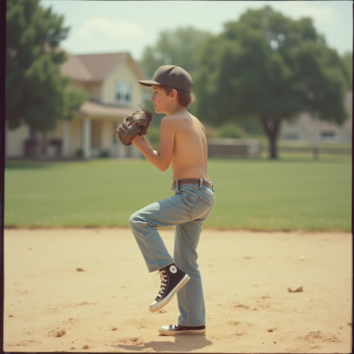 Teenager Playing Baseball in 1980s Suburb