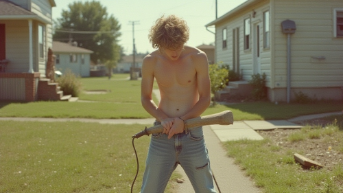 Teenager Working in Yard, Vintage 1980s Suburb Photo