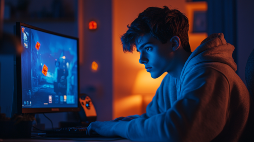 Teenager playing PC games in cozy warm room.