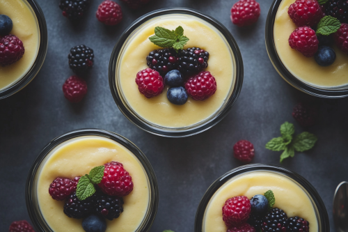 Tempting Vanilla Pots De Creme with fresh berries. Tempting Vanilla Pots De Creme with fresh berries.