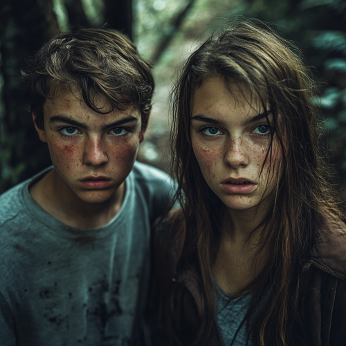 Terrified Teenagers in Bright Forest