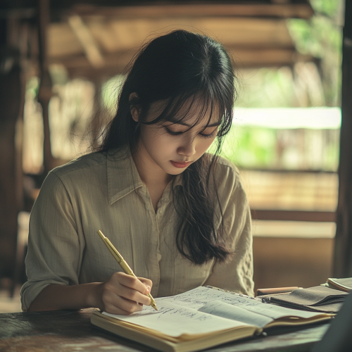 Thai Woman Writing Longing Letter Home 
