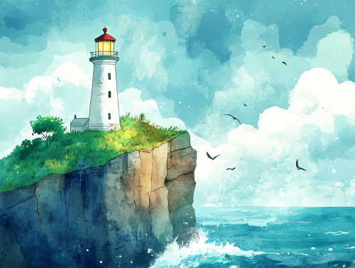 The Ancient Lighthouse on Cliff, Waves Crashing Strongly The Ancient Lighthouse on Cliff, Waves Crashing Strongly