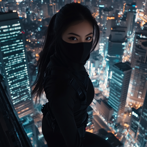 The Asian superhero in dragon mask on building ledge