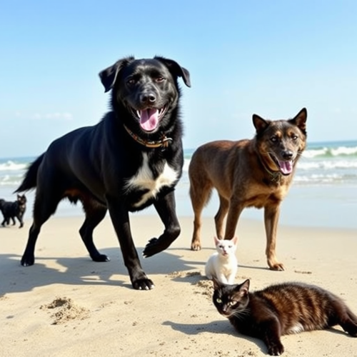 The Black Dogs and Cats on Beach