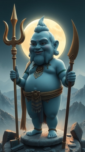 The Blue Chubby Man with Trident and Moonlight